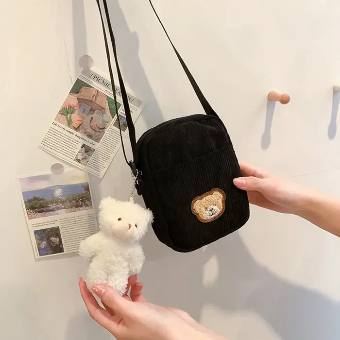 Porte-monnaie portable en velours côtelé avec motif ours