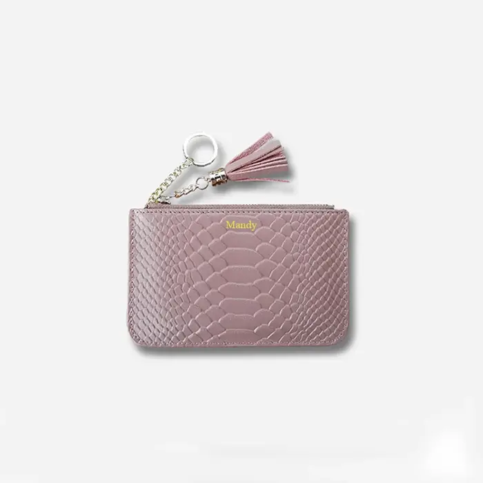 Portefeuille court en cuir motif serpent pour femmes, nom personnalisé, Ultra fin, Simple, fermeture éclair, petit porte-monnaie, sac avec pompon