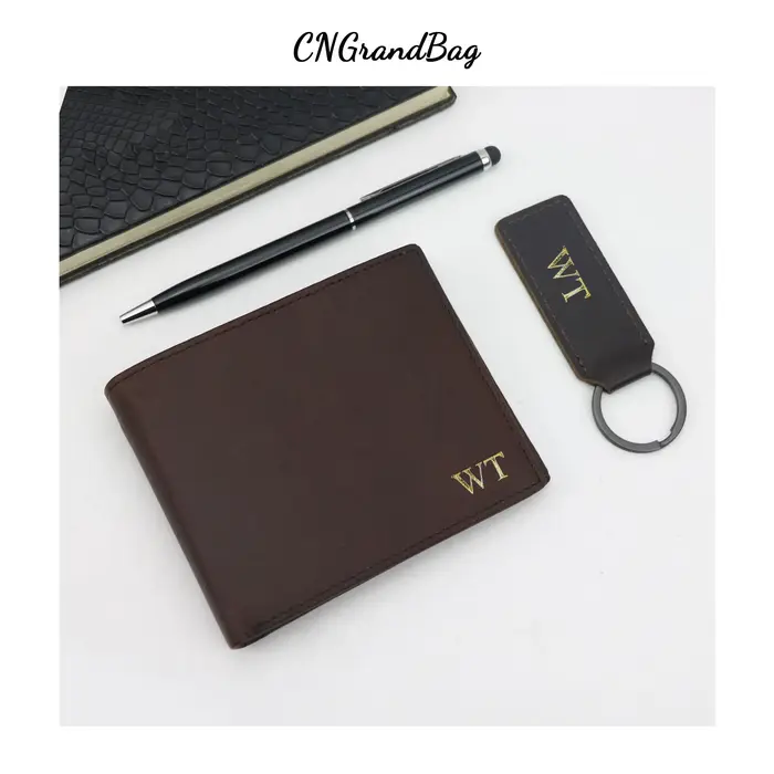 Portefeuille bifold pour homme en cuir véritable avec lettres personnalisées gratuites
