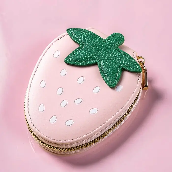 Porte-monnaie Fraise en Cuir PU avec Fermeture Éclair