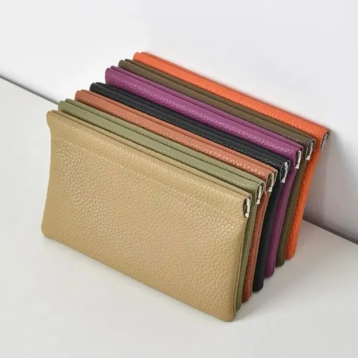 Portefeuille long minimaliste ultra-fin en cuir véritable pour femmes