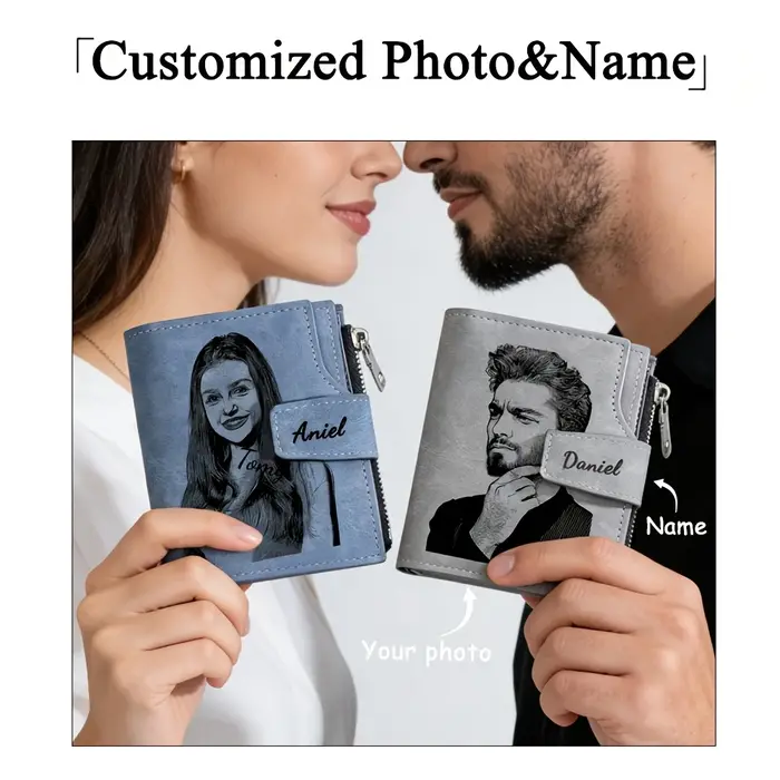 Portefeuille court personnalisé avec photo et nom pour homme