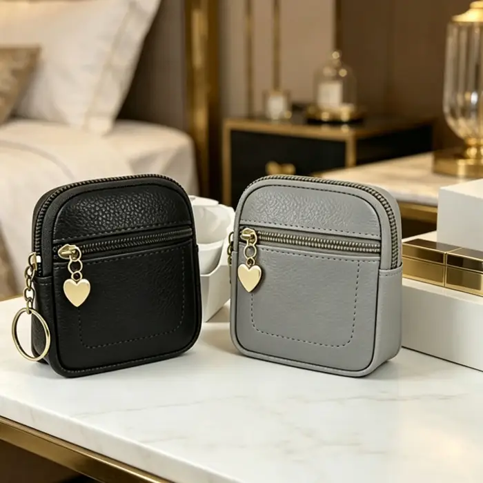 Nouvelle Pochette à Monnaie Portable en Cuir PU avec Anneau Porte-clés