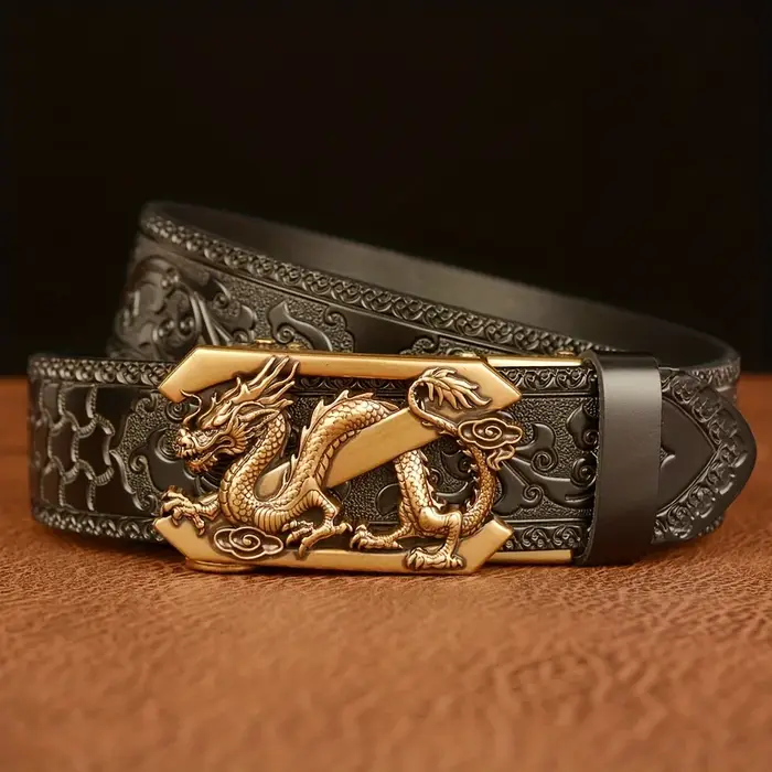 Ceinture à boucle automatique Vintage pour hommes en cuir véritable avec Dragon doré et motif en rel
