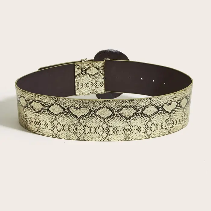 Ceinture large en cuir imprimé python doré avec grande boucle pour femme