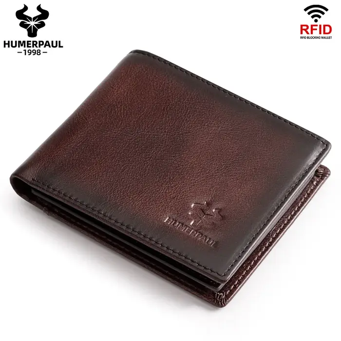 HUMERPAUL portefeuille pour hommes en cuir véritable RFID bloquant à deux volets élégant porte-carte