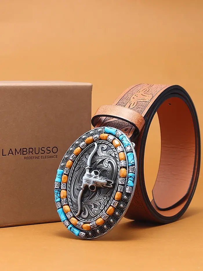 Ceinture en cuir de vachette vintage style western LAMBRUSSO pour homme, avec boucle décorative