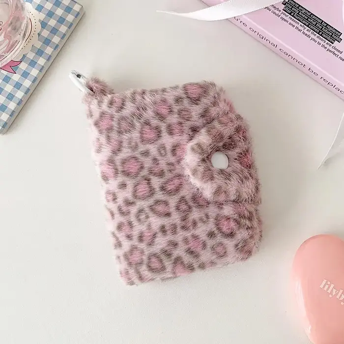 Porte-monnaie en peluche à imprimé léopard avec fermeture à pression, mini portefeuille pour filles,