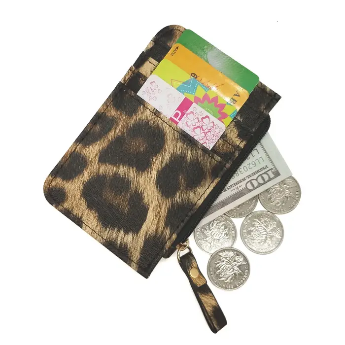 Nouveau portefeuille de cartes mince en cuir motif léopard pour femmes et hommes petit porte-monnaie à fermeture éclair sac porte-carte de crédit d'affaires beaux cadeaux