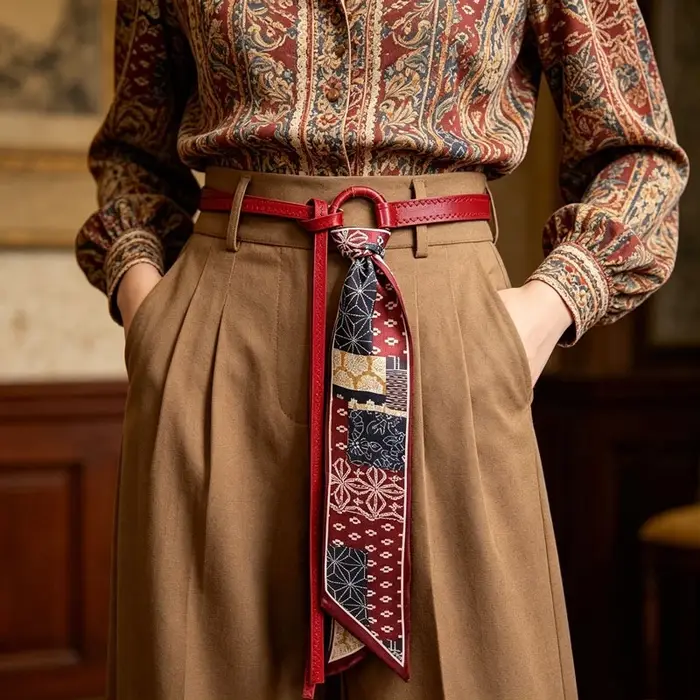 Ceinture de taille pour femmes en cuir PU rétro, style punk et bohème Y2K, avec foulard en soie, tendance, décorative pour jeans et robes