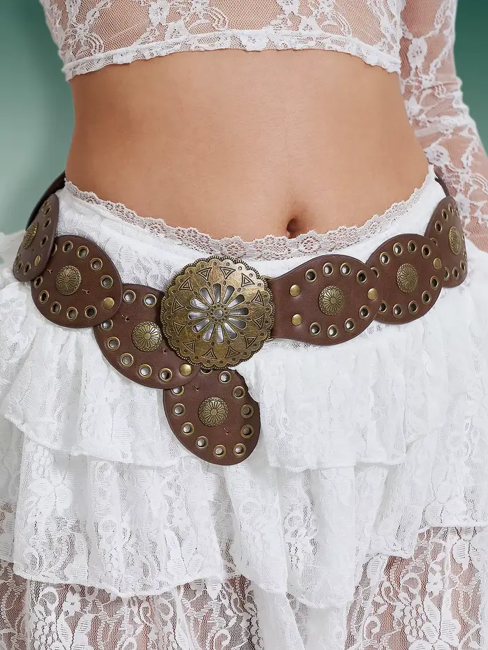 Hershine Ceinture patchwork vintage 1 pièce pour femme avec boucle ajourée en bronze, accessoire de