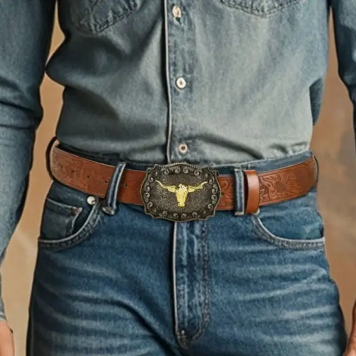 Nouvelle ceinture de cowboy western pour homme - Ceinture en PU noir élégante et stylée avec design