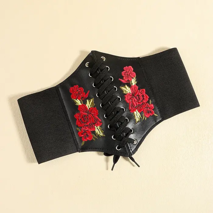 Ceinture en cuir PU pour femmes, taille élastique brodée de fleurs, à lacets, Corset Vintage, large ceinture noire pour filles