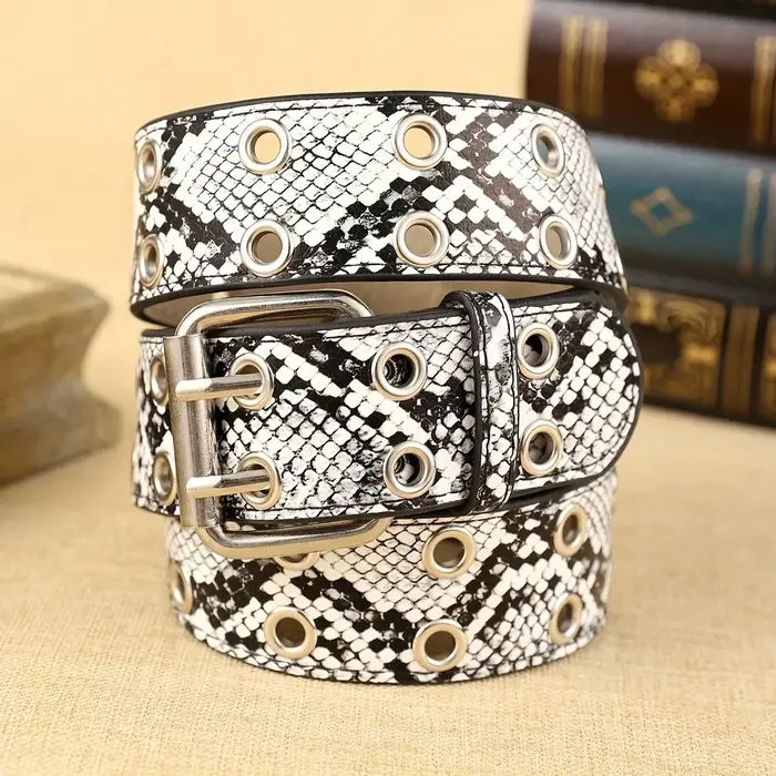 Ceinture en cuir PU à motif python noir et blanc pour femme, style bohème, avec doubles boucles méta
