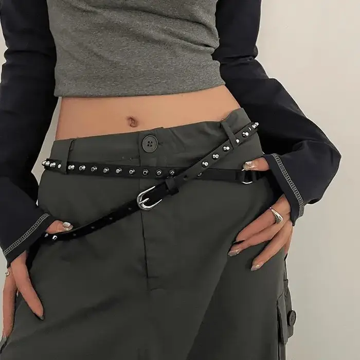 Ceinture Double cercle noire unie polyvalente pour femmes en cuir PU pour décoration de robe et de jean