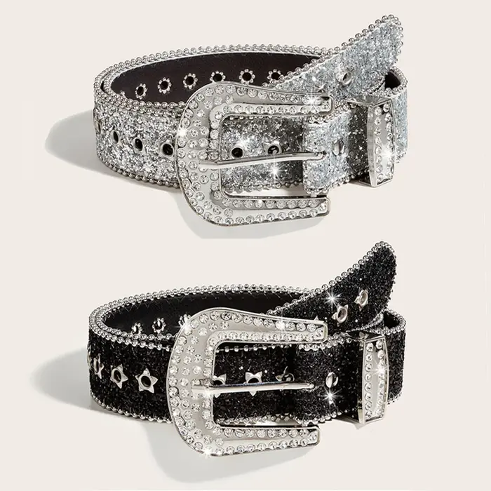 Ceinture gothique noire argentée avec boucle en métal et strass, design de luxe quatre saisons Y2K pour femmes et hommes, grande taille