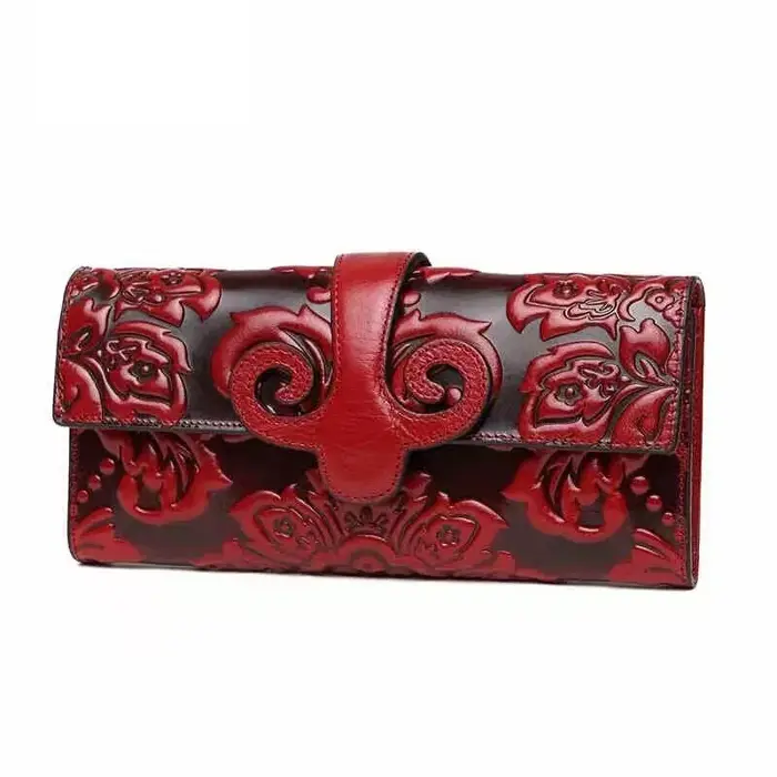 Portefeuille floral en cuir véritable pour femme