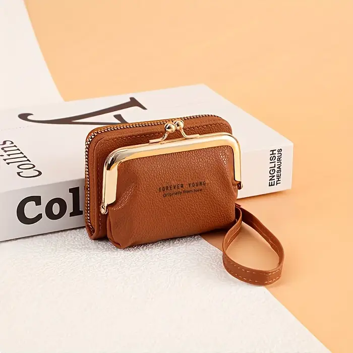 Portefeuille élégant pour femmes avec dragonne et fermeture à bouton baiser-matériel doré, poche zip