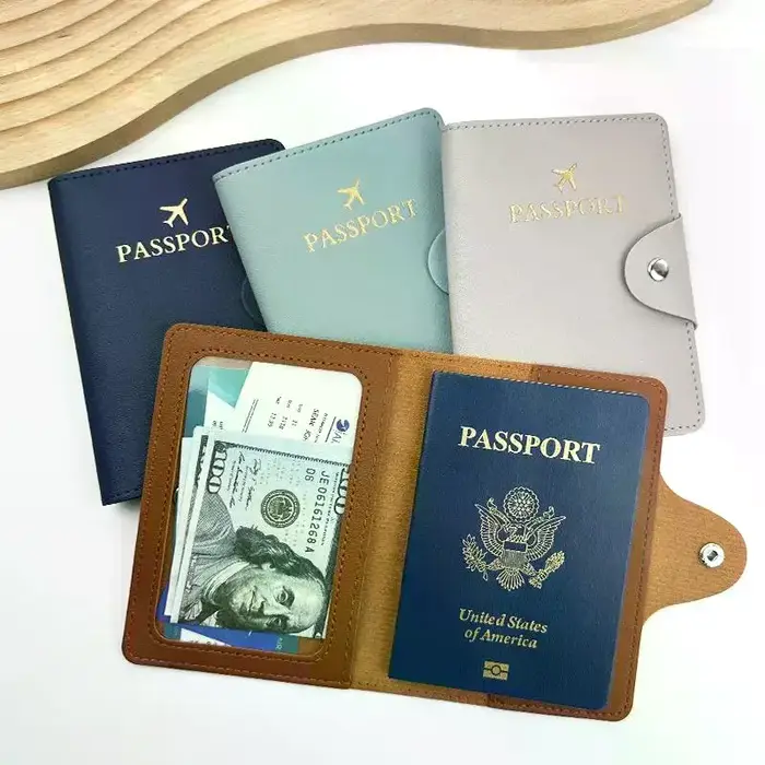 Housse de passeport en cuir PU avec fermeture à pression