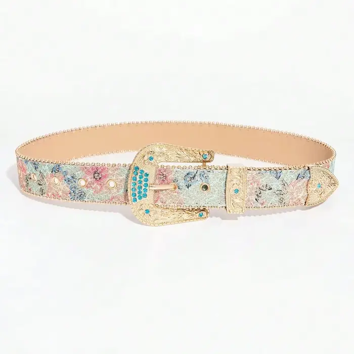 Ceinture imprimée brodée de style royal rétro pour femmes, ceinture décorative pour jupe en jean avec boucle sculptée, adaptée aux rassemblements décontractés, 1 pièce