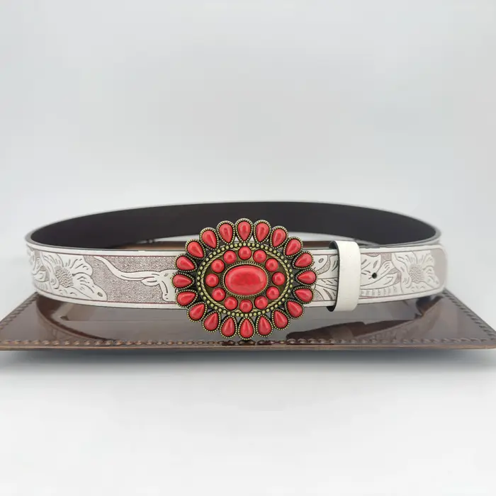 Ceinture de mode de haute qualité turquoise incrustée de style bohème occidental, ceinture décontractée en cuir PU avec boucle en alliage de zinc pour hommes et femmes
