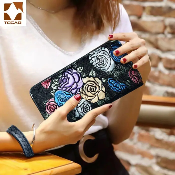 Portefeuille femme rétro moleté Rose fleur motif long en cuir