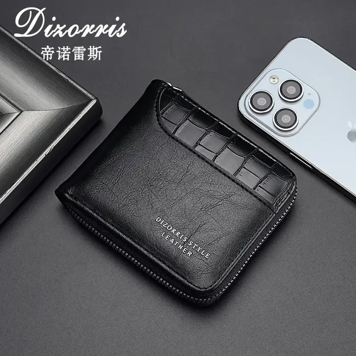 Portefeuille en cuir pour hommes, porte-monnaie de luxe, porte-cartes à fermeture éclair avec poche 