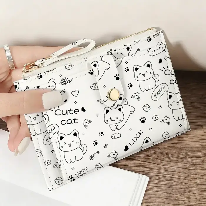 Portefeuille chat mignon pour femmes, porte-monnaie ultra-fin à fermeture éclair, porte-cartes simpl