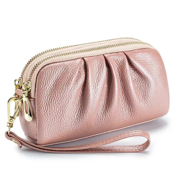 Nouveau 2025 polyvalent dame portefeuille contraste couleur porte-clés chaîne Style véritable couche supérieure en cuir de vache fermeture éclair pièces de monnaie poche sac à main