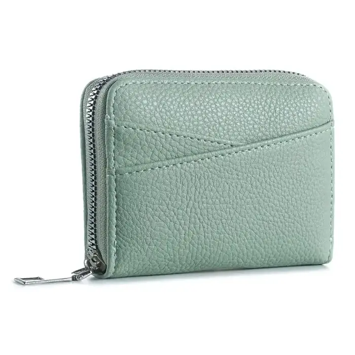 Portefeuille court zippé pour femme, fermeture sécurisée, motif litchi, porte-cartes multiples, port