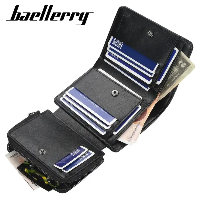 Portefeuille pour homme Baellerry en cuir PU avec fermeture éclair de haute qualité, porte-monnaie vintage, design court, porte-cartes, sac à main pour homme
