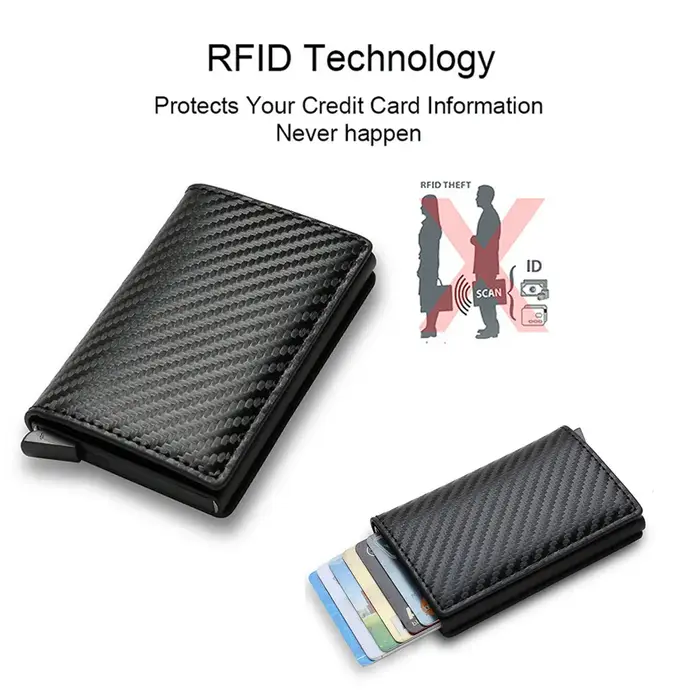 Anti Rfid fibre de carbone ID porte-carte de crédit hommes portefeuilles Mini automatique Pop up
