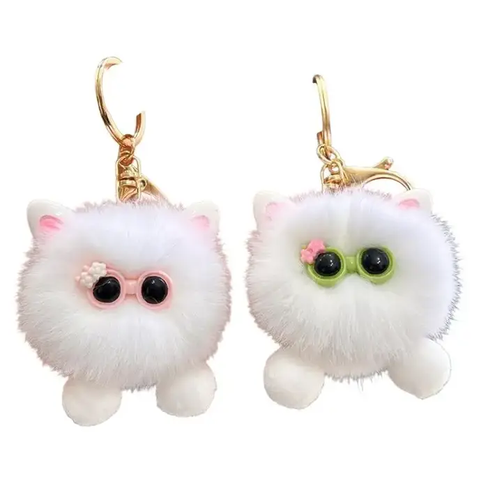 Porte-clés en peluche chaton blanc Kawaii avec lunettes, pour sac et voiture