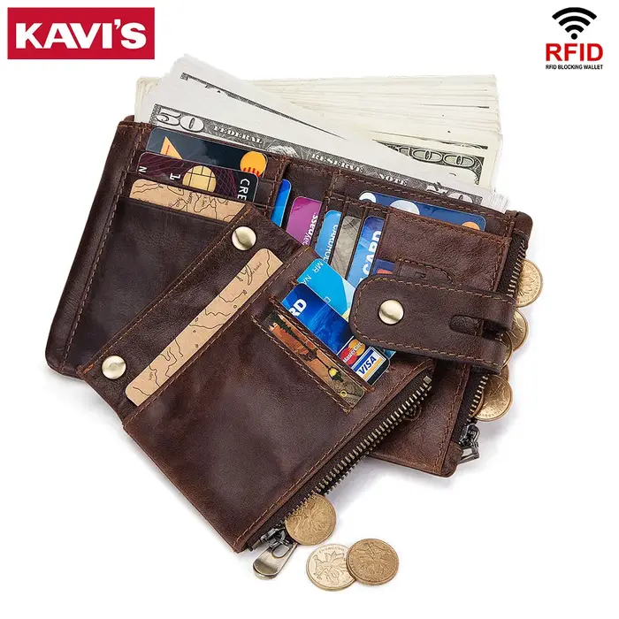KAVIS portefeuille en cuir de vachette véritable avec poche pour pièces de monnaie pour hommes porte-carte d'argent court Double fermeture éclair mâle à deux volets RFID