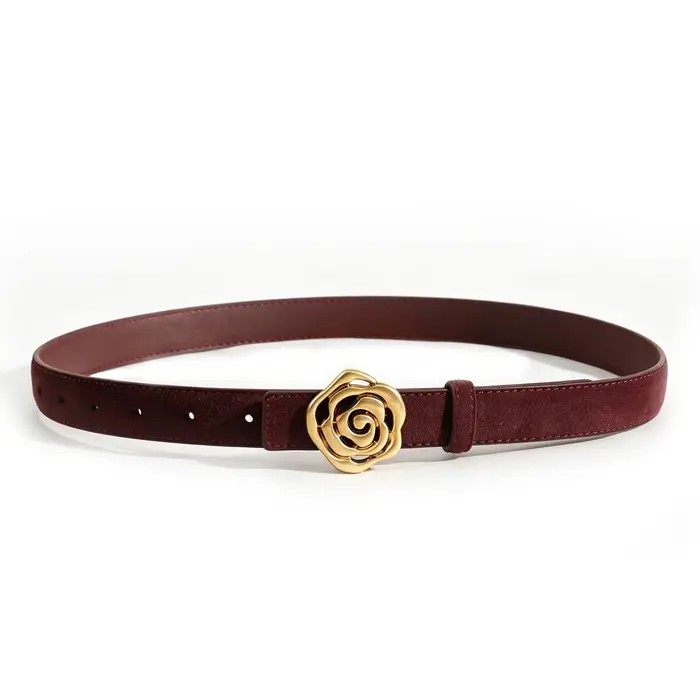Ceinture en cuir suédé pour femme, style vintage, boucle fleur rose dorée, avec emballage cadeau, pour robe ou jean