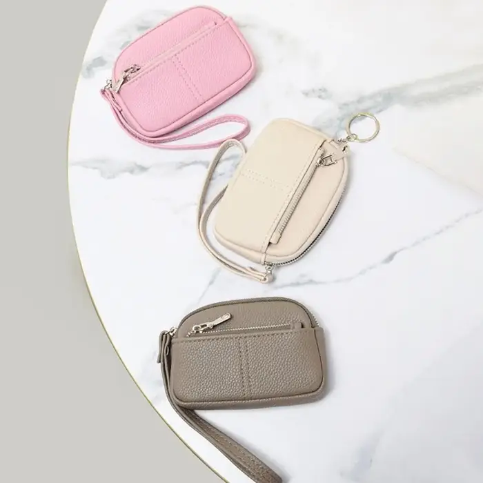 Mini portefeuille Portable en cuir PU pour femmes, sac de rangement de couleur unie, porte-monnaie pour étudiants, fermeture éclair, grande capacité, sac pour clés de poignet, à la mode