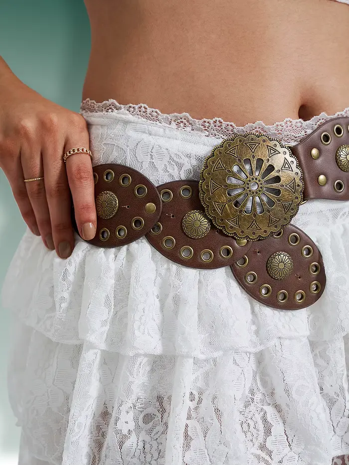 Hershine Ceinture patchwork vintage 1 pièce pour femme avec boucle ajourée en bronze