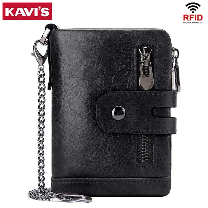KAVIS portefeuille en cuir véritable pour hommes RFID blocage porte-carte sac à main court Double fermeture éclair monnaie poche mâle à deux volets chaîne Billetera