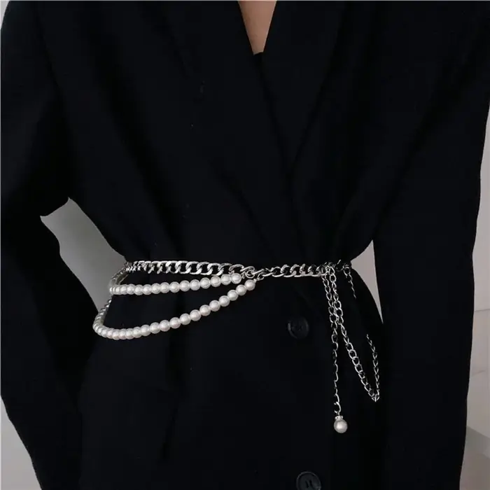 Ceinture élégante multicouche en perles, accessoire de taille polyvalent, chaîne de taille longue à pampilles métalliques, ceintures pour robes et jeans, ceintures bohèmes pour femmes