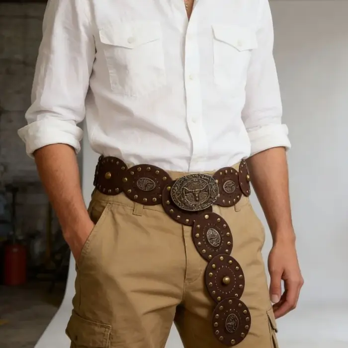 Ceinture large style bohème western avec boucle tête de bovin et rivets décoratifs, ceinture de cowboy en cuir PU avec boucle massive en laiton antique, idéale pour les soirées.