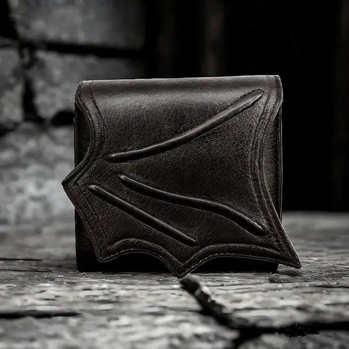 Portefeuille à ailes de chauve-souris en faux cuir noir végétalien