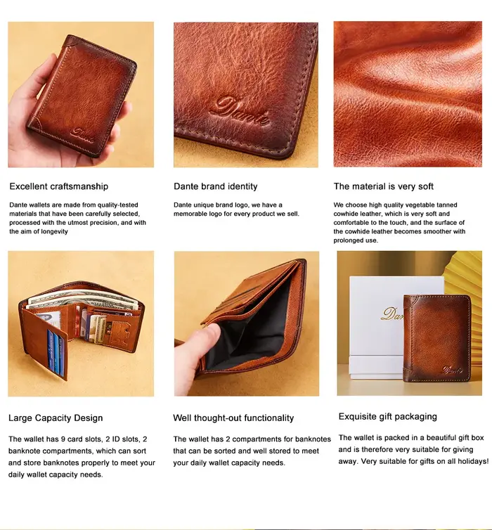 Dante portefeuille en cuir pour hommes RFID antivol brosse tête couche peau de vache rétro décontracté Vertical multi-fonction sac d'argent pinces à billets