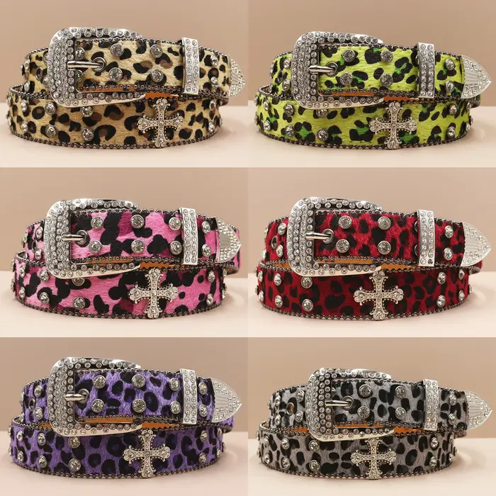 Ceinture en cuir à imprimé léopard et strass pour hommes et femmes