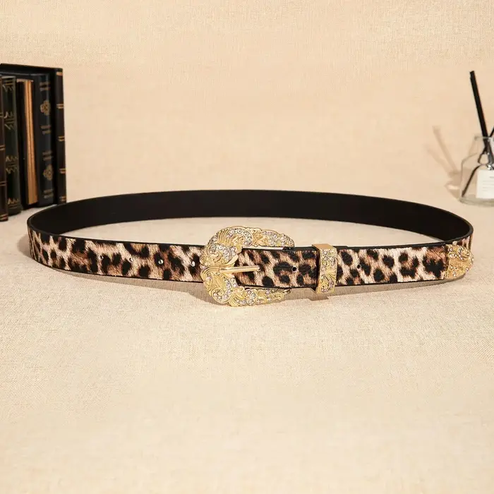 Ceinture luxueuse et élégante à imprimé léopard plaqué or avec gravure sur strass et boucle en métal