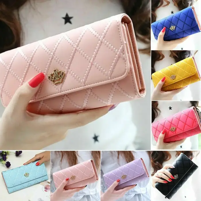 Portefeuilles longs noirs pour femmes en cuir PU, motif diamant, porte-cartes, boucle couronne, sac de téléphone pour dames, pochette de mode