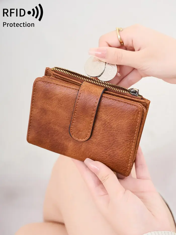 Portefeuille antivol RFID pour femme – Porte-monnaie rétro à trois volets avec fermeture à glissière, portefeuille court compact pour cartes de crédit, espèces et identifications
