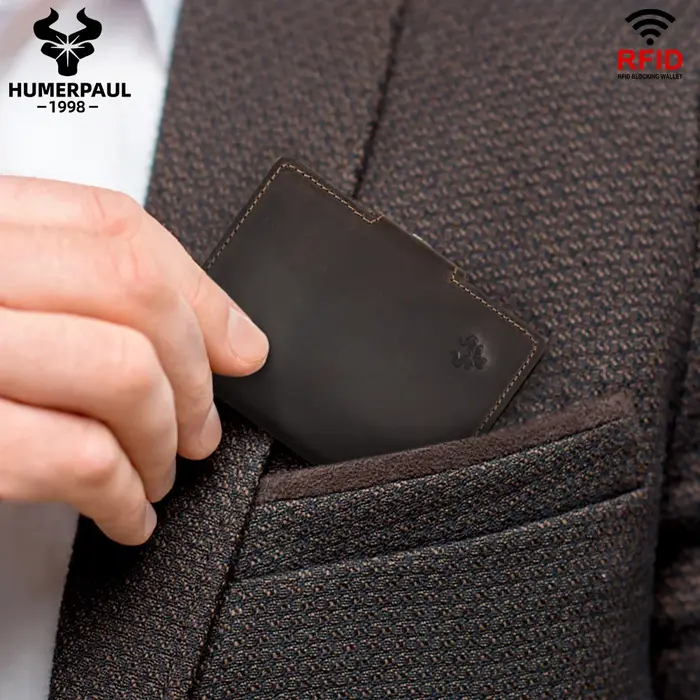 HUMERPAUL hommes porte-carte avec poche d'argent Crazy Horse cuir Pop Up minimaliste portefeuille RFID blocage mince métal carte bancaire étui