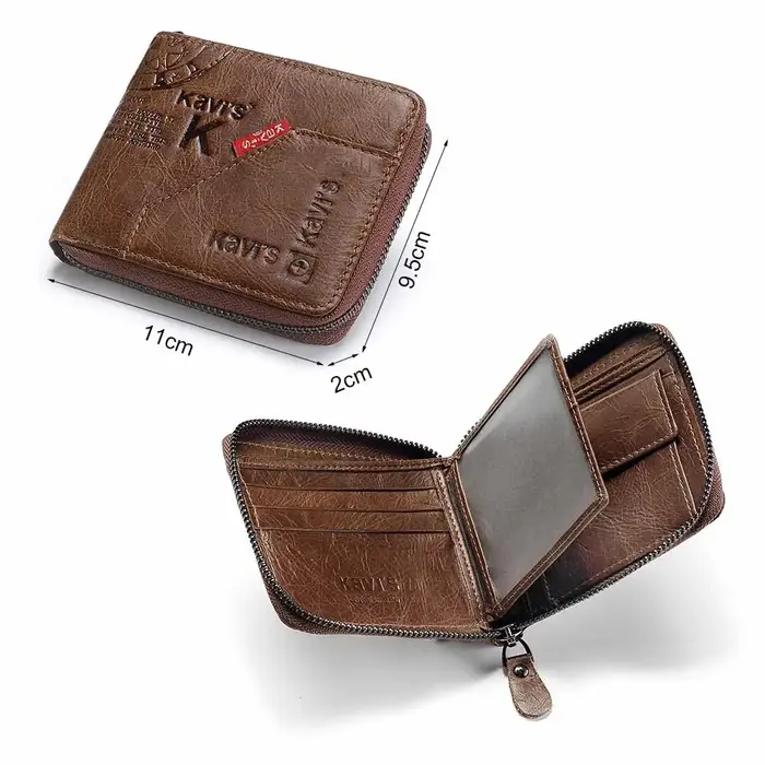 KAVIS portefeuille décontracté RFID bloquant mince porte-carte pour hommes en cuir véritable étui pour carte bancaire de crédit court mâle fermeture éclair autour du sac d'argent