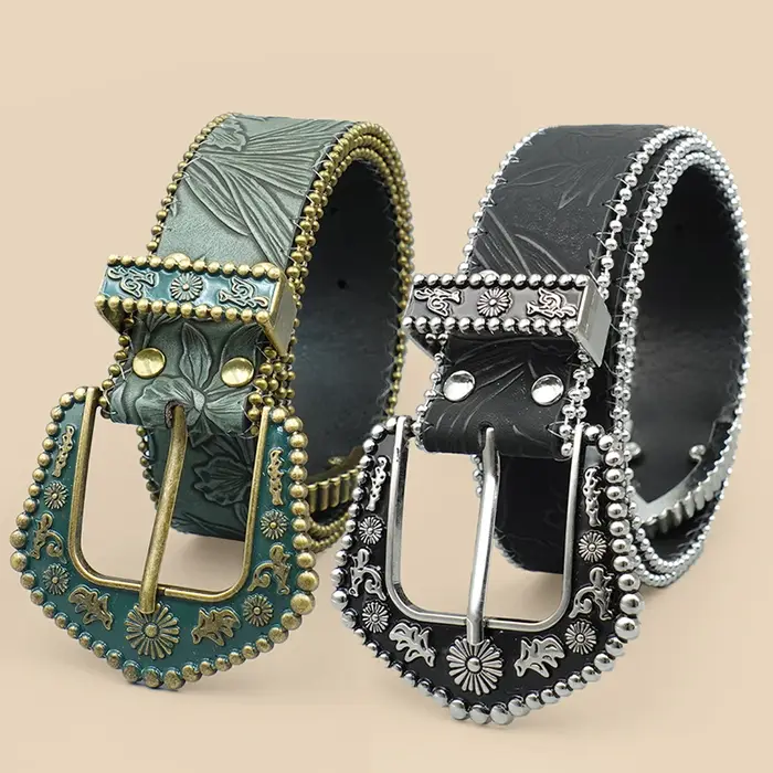 Ceinture bohème pour femme avec accents de perles métalliques – Boucle sculptée vintage et détail de chaîne gravée en feuilles pour une élégance décontractée