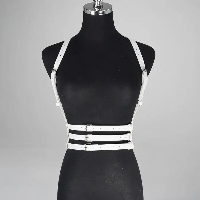Ceinture large blanche pour femme en cuir PU réglable avec boucle, design à trois couches, style pun